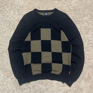Stussy Black and Olive Green Checkered Crewneck Sweater